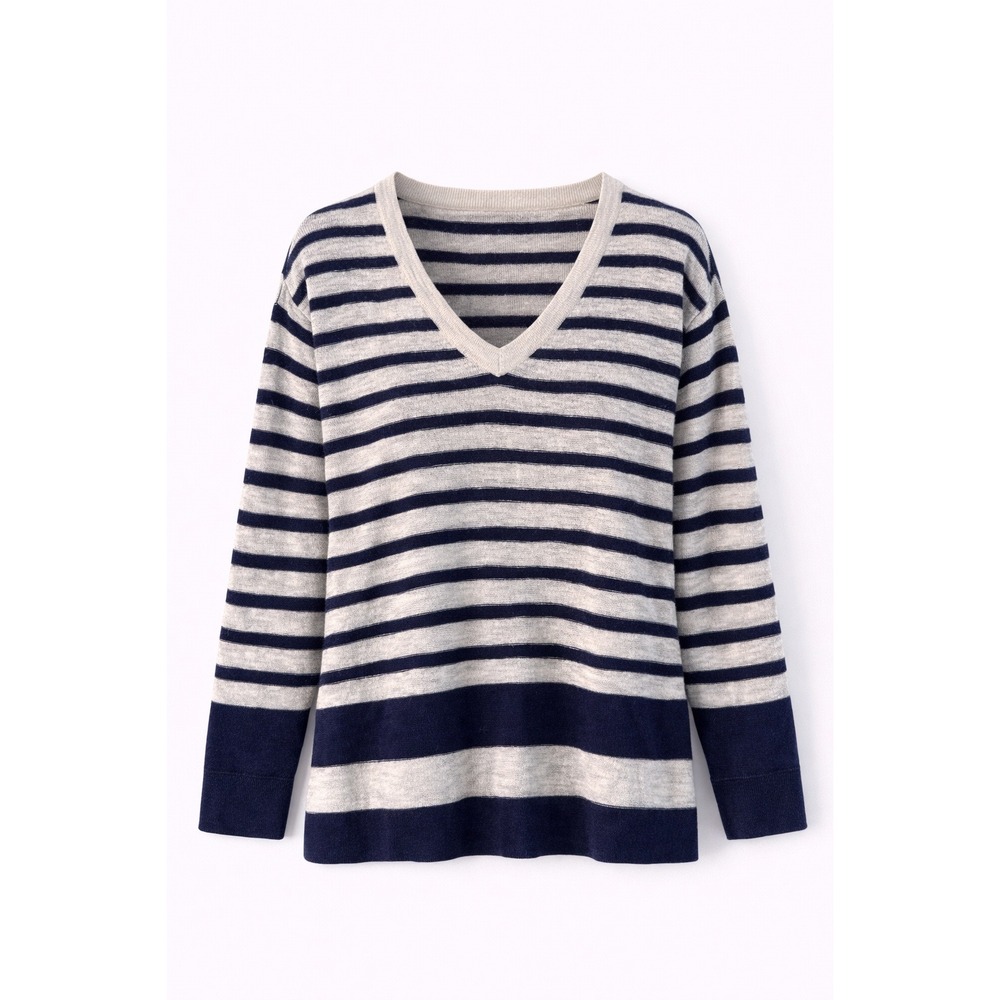 Madewell V-Neck Sweater Women's Small NavyIvory Cotton Wool Long Sleeve Pullover